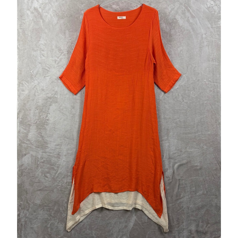 Anself Orange Crinkle Gauze Layered Handkerchief Hem Tunic Dress Women L Boho